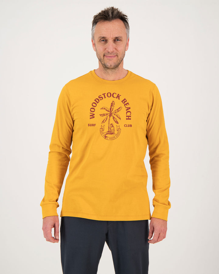 Mens Long Sleeve Mustard T-Shirt Surf Club Front - Woodstock Laundry