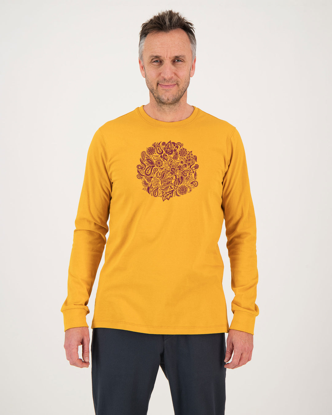 Mens Long-Sleeve Mustard T-Shirt Suzie Q Maroon Front - Woodstock Laundry