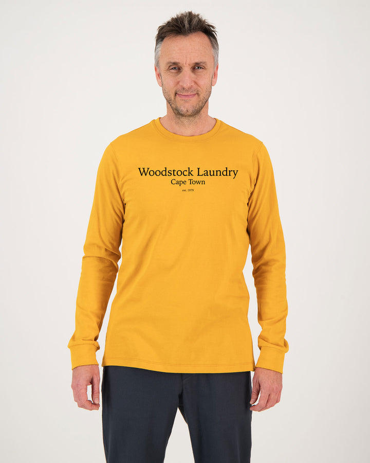 Mens Long Sleeve Mustard T-Shirt Typo Front - Woodstock Laundry