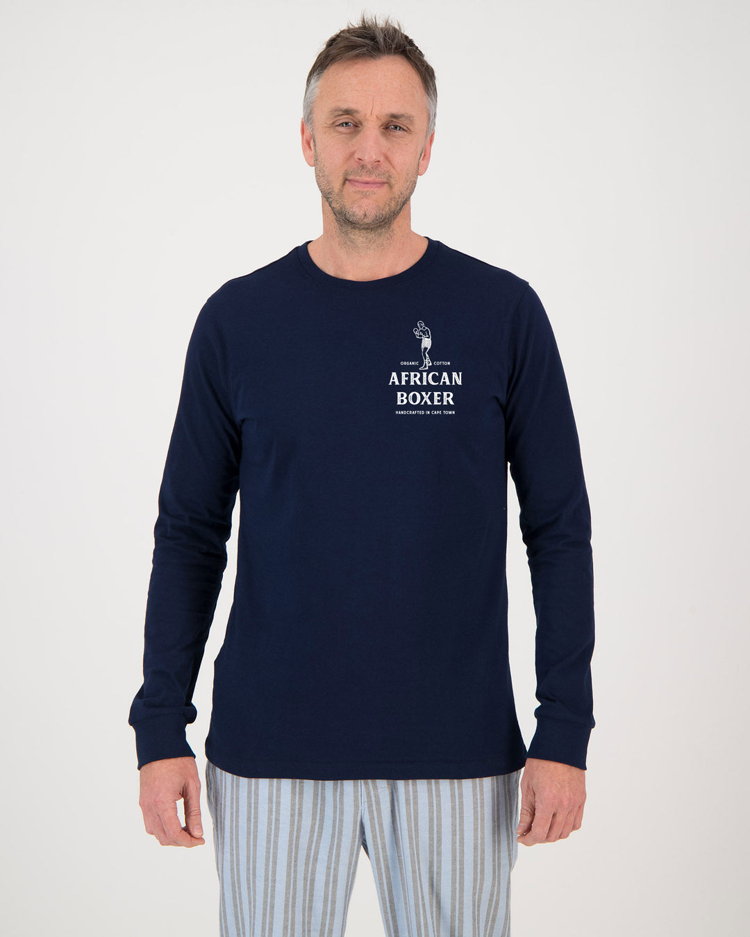 Mens Long Sleeve Navy T-Shirt African Boxer Front - Woodstock Laundry
