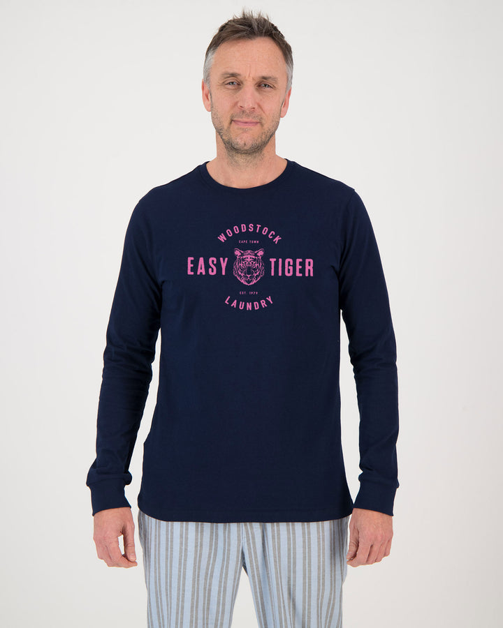 Mens Long-Sleeve Navy T-Shirt Easy Tiger Front - Woodstock Laundry