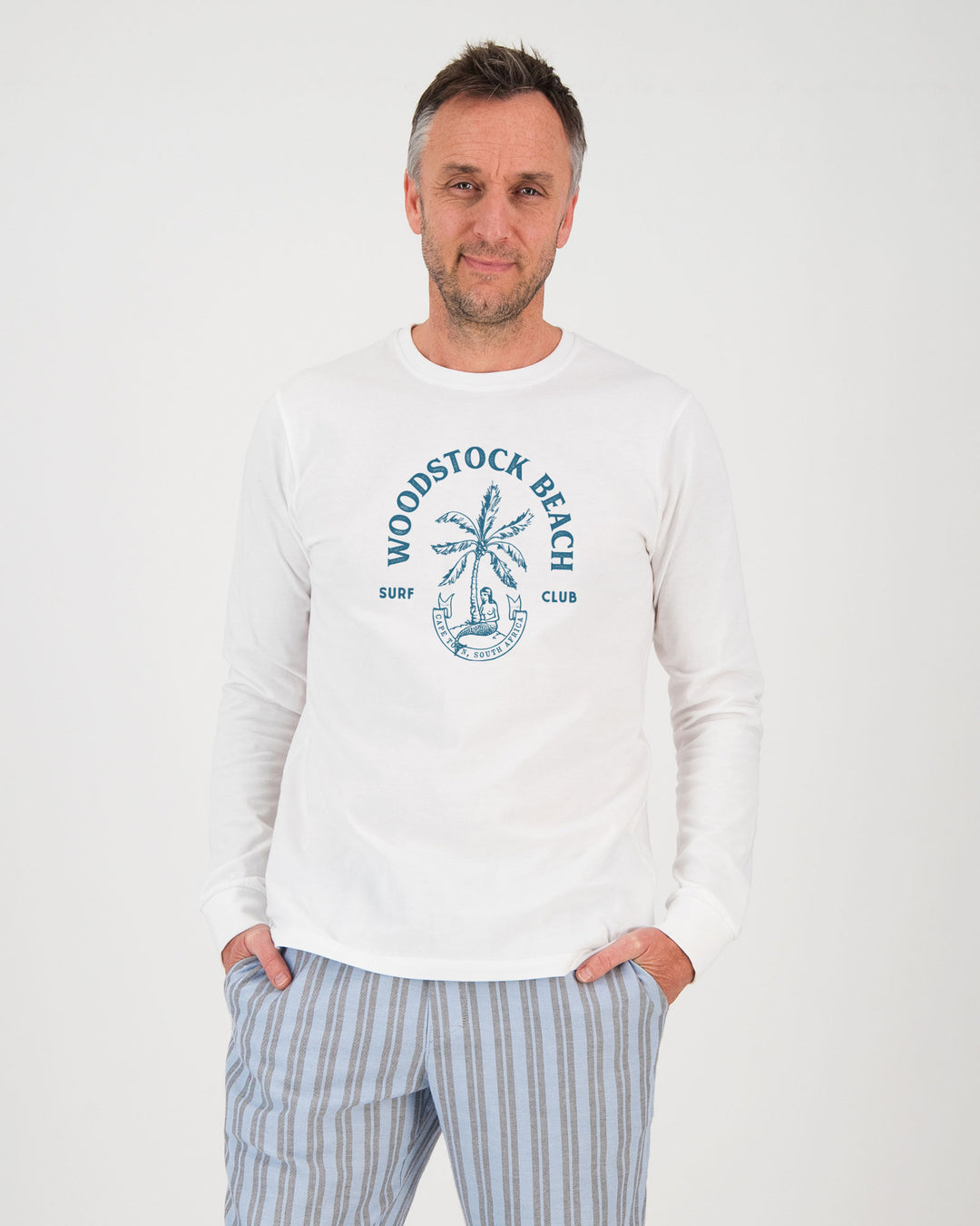 Mens Long-Sleeve White T-Shirt Surf Club Front - Woodstock Laundry