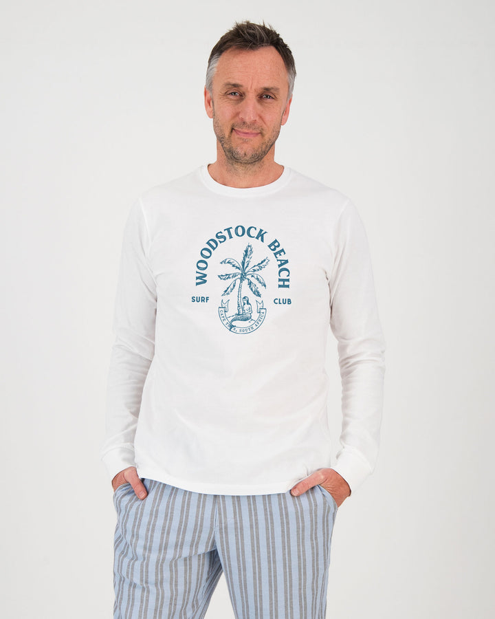 Mens Long-Sleeve White T-Shirt Surf Club Front - Woodstock Laundry