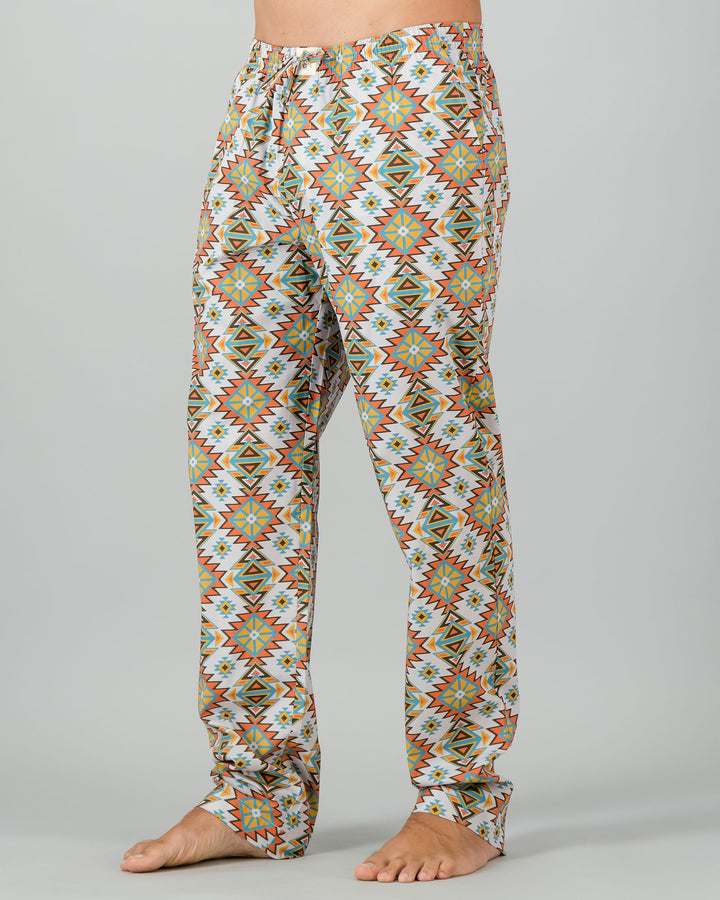 Mens Lounge Pants - Aztec Off White Side - Woodstock Laundry