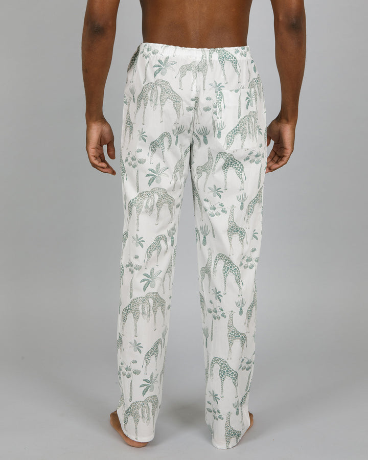 Mens Lounge Pants - Green Giraffes on White