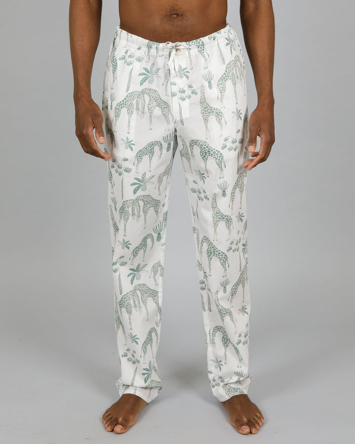 Mens Lounge Pants - Green Giraffes on White