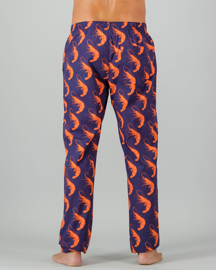 Mens Lounge Pants - Orange Ibiza Prawns on Navy Back - Woodstock Laundry