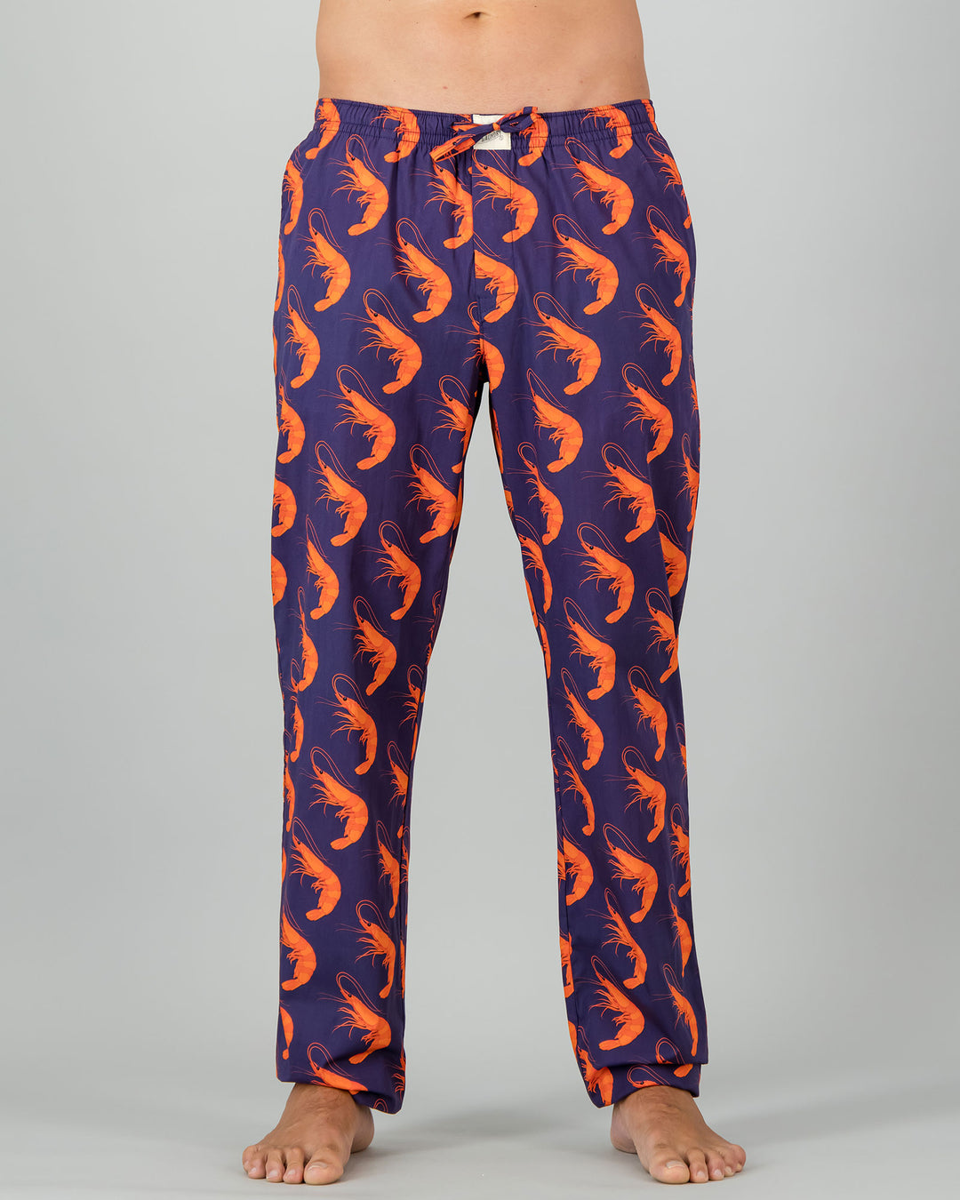 Mens Lounge Pants - Orange Ibiza Prawns on Navy Front - Woodstock Laundry
