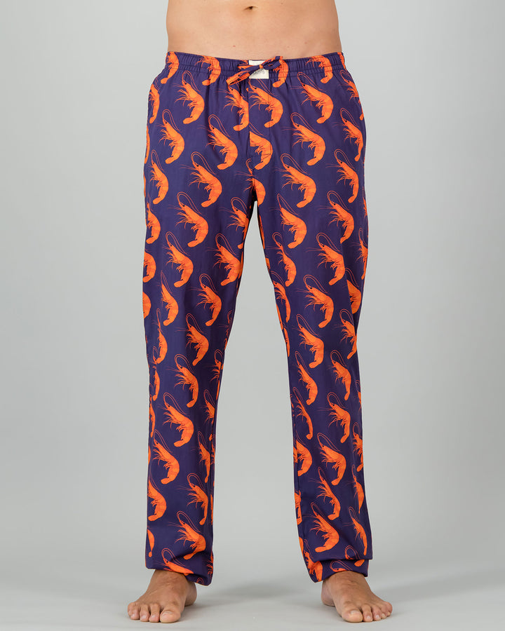 Mens Lounge Pants - Orange Ibiza Prawns on Navy Front - Woodstock Laundry