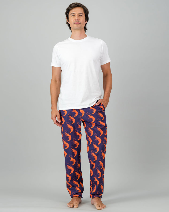 Mens Lounge Pants - Orange Ibiza Prawns on Navy Full Body - Woodstock Laundry