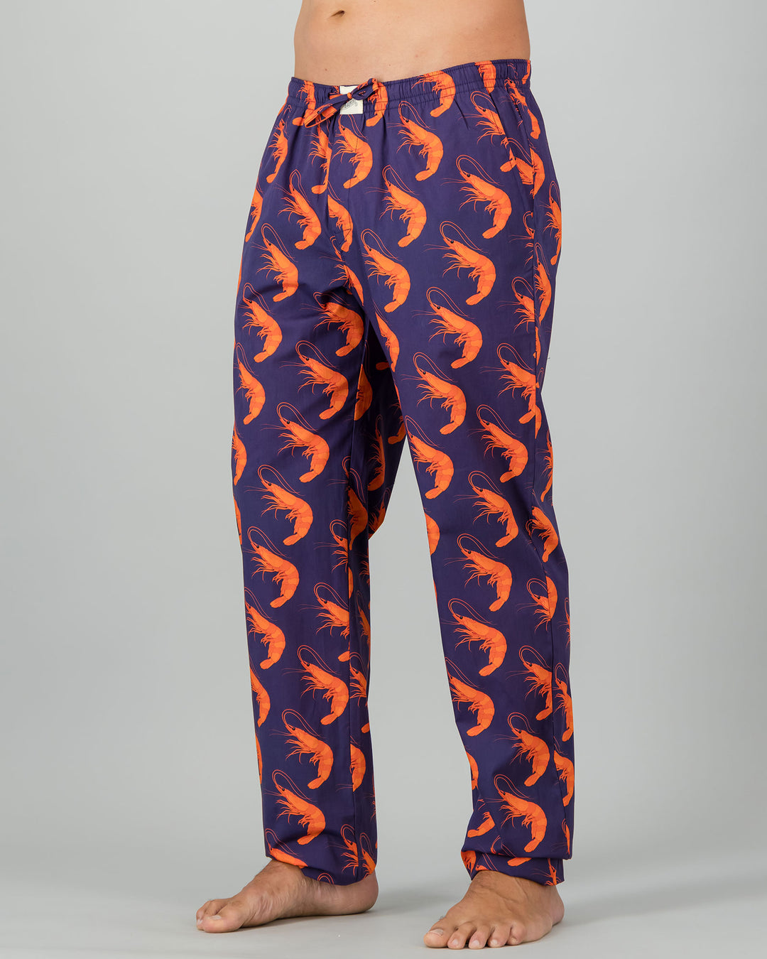 Mens Lounge Pants - Orange Ibiza Prawns on Navy Side - Woodstock Laundry