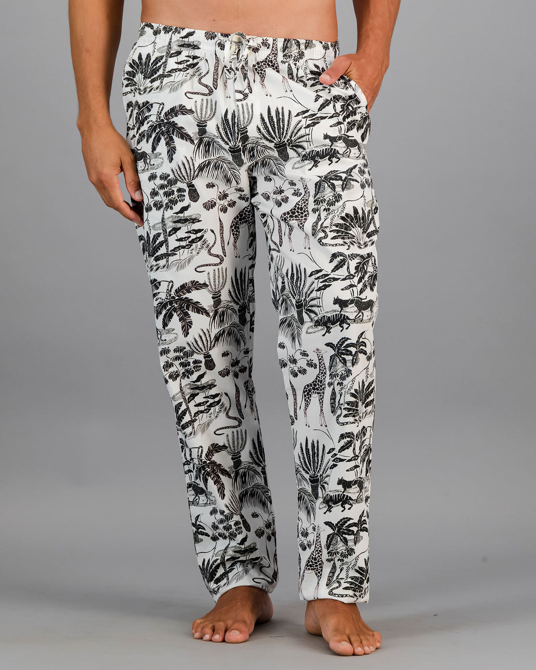 Mens Lounge Pants - Black Mono Safari Front - Woodstock Laundry