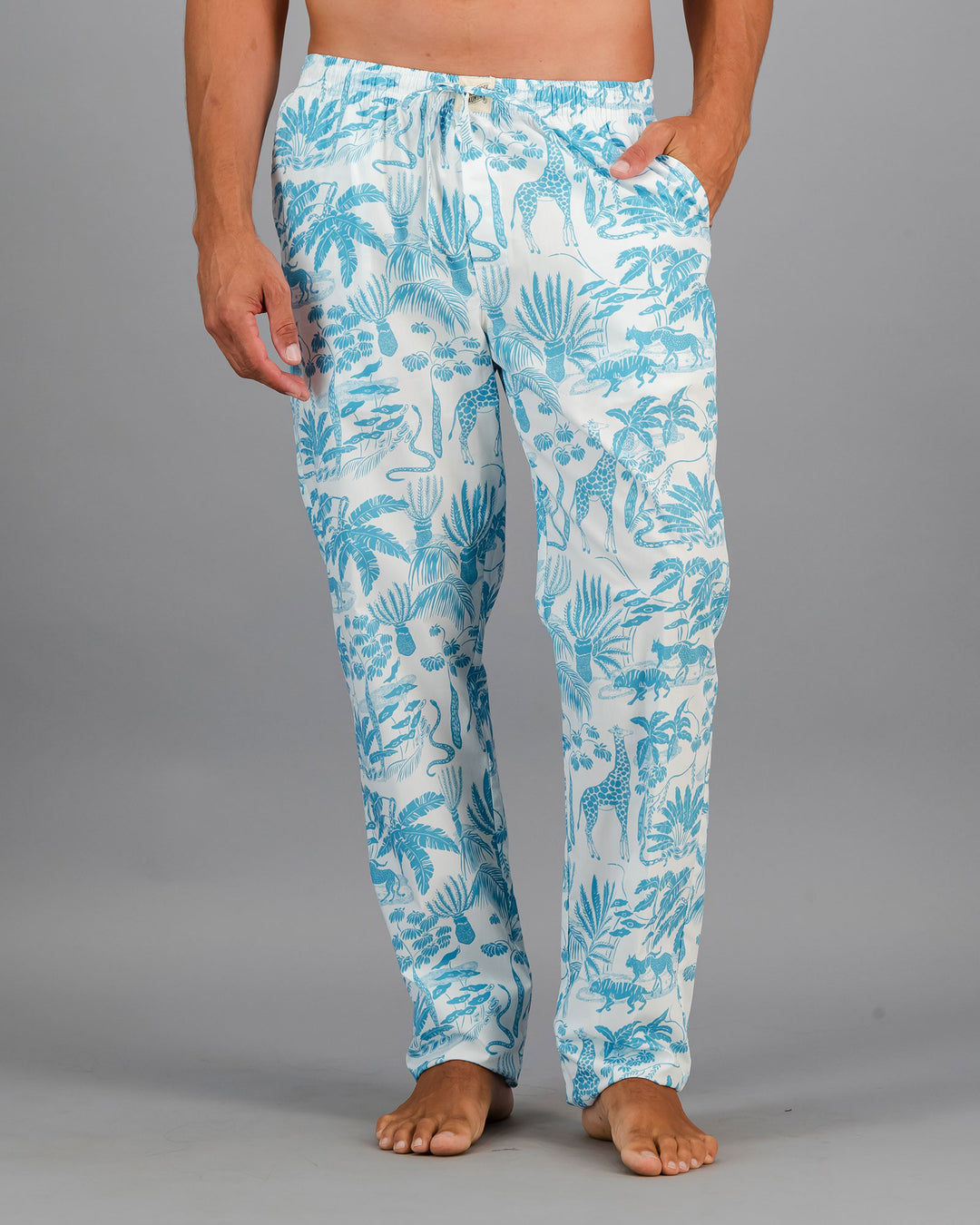 Mens Lounge Pants - Blue Mono Safari Front - Woodstock Laundry