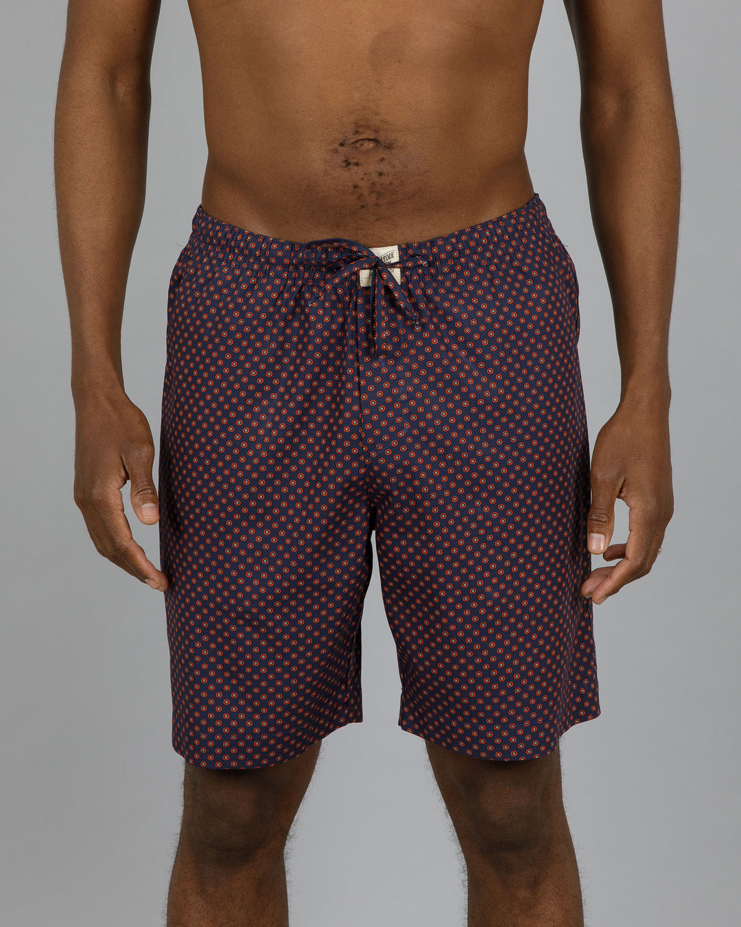 Mens Lounge Shorts - Red Poppy Circles on Navy Front - Woodstock Laundry