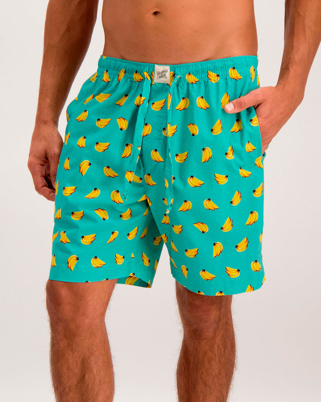 Mens Lounge Shorts - Bananas on Blue Front - Woodstock Laundry