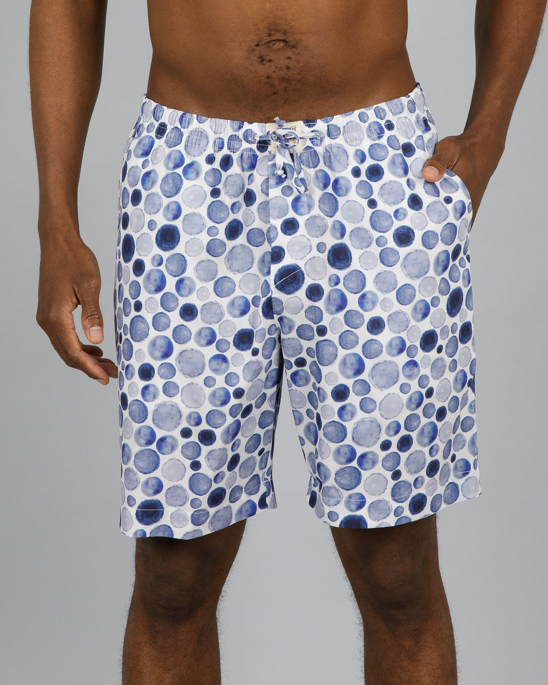 Mens Lounge Shorts Blue Dots Front - Woodstock Laundry