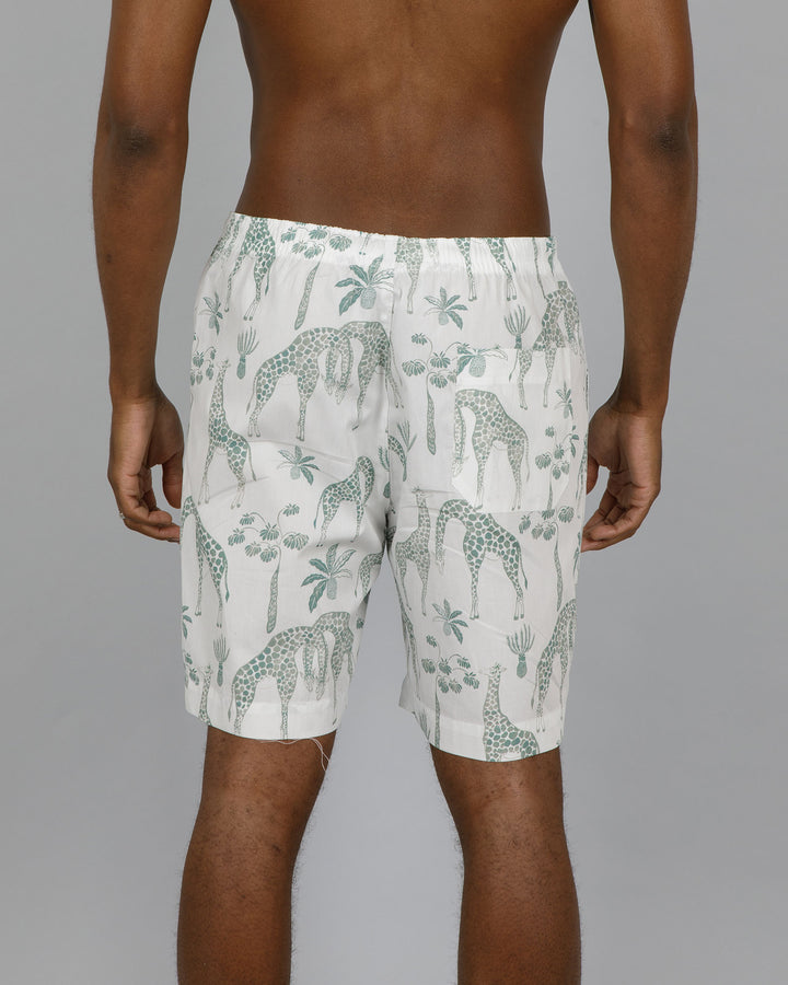 Mens Lounge Shorts - Green Giraffes on White Back - Woodstock Laundry