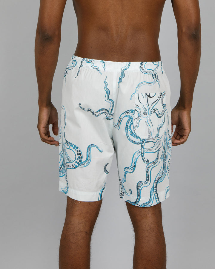 Mens Lounge Shorts - Indigo Octopus on White Back - Woodstock Laundry
