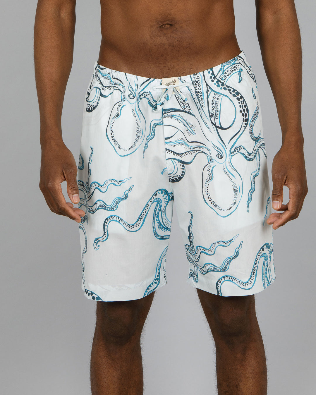 Mens Lounge Shorts - Indigo Octopus on White Front - Woodstock Laundry