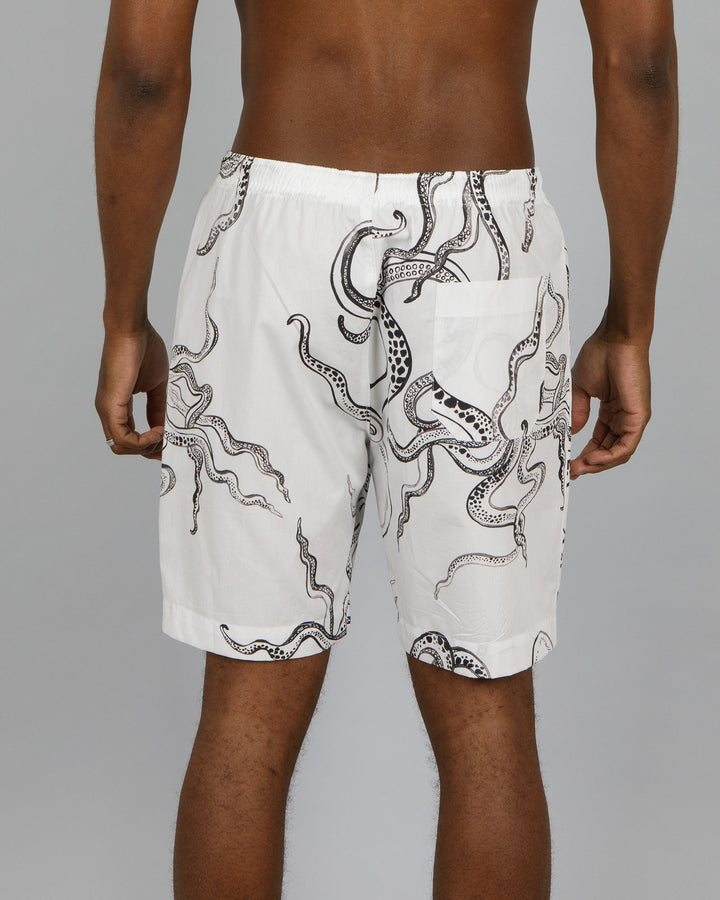 Mens Lounge Shorts Octopus White Back - Woodstock Laundry