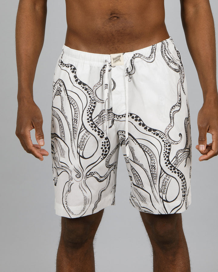 Mens Lounge Shorts Octopus White Front - Woodstock Laundry