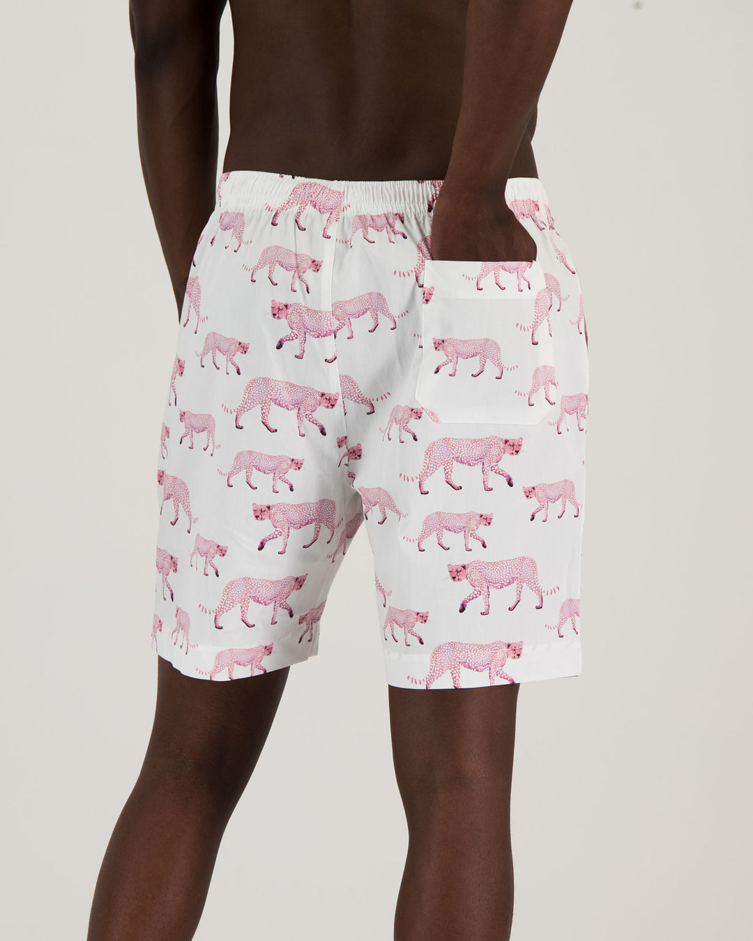 Mens Lounge Shorts - Pink Cheetahs on White Back - Woodstock Laundry
