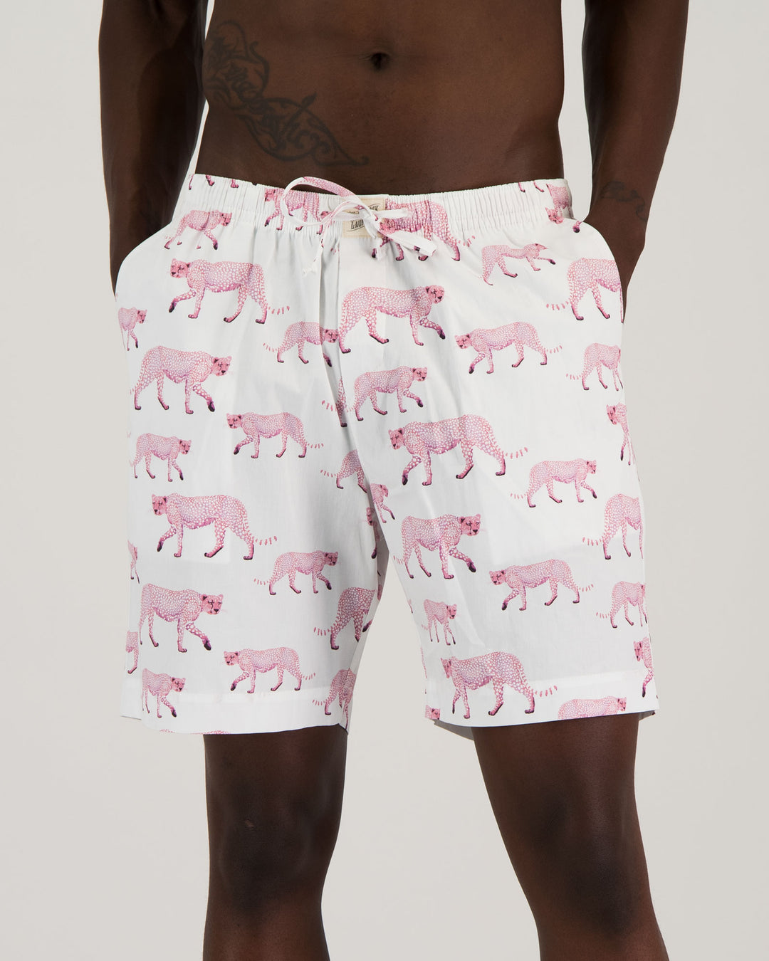 Mens Lounge Shorts - Pink Cheetahs on White Front - Woodstock Laundry