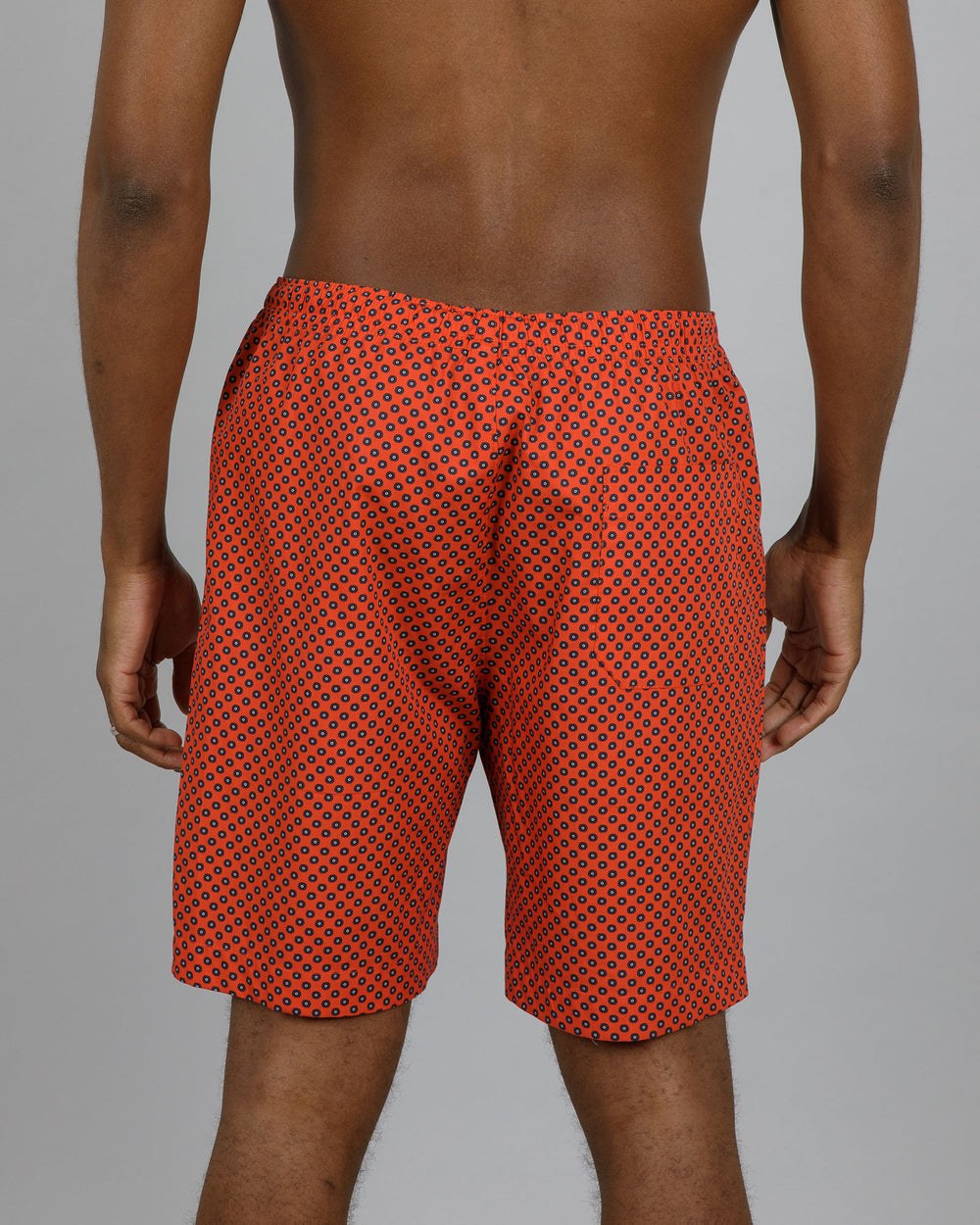 Mens Lounge Shorts - Navy Poppy Circles on Red Back - Woodstock Laundry