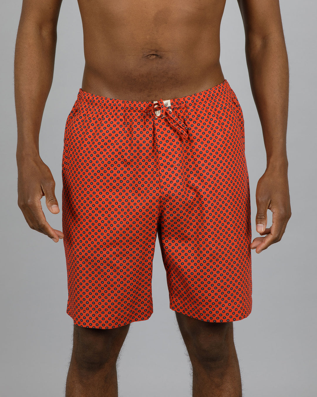 Mens Lounge Shorts - Navy Poppy Circles on Red Front - Woodstock Laundry