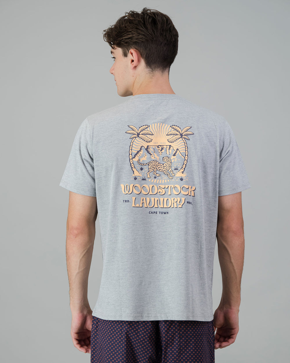 Mens T-Shirt - Yellow Leopard on Grey Melange Back - Woodstock Laundry
