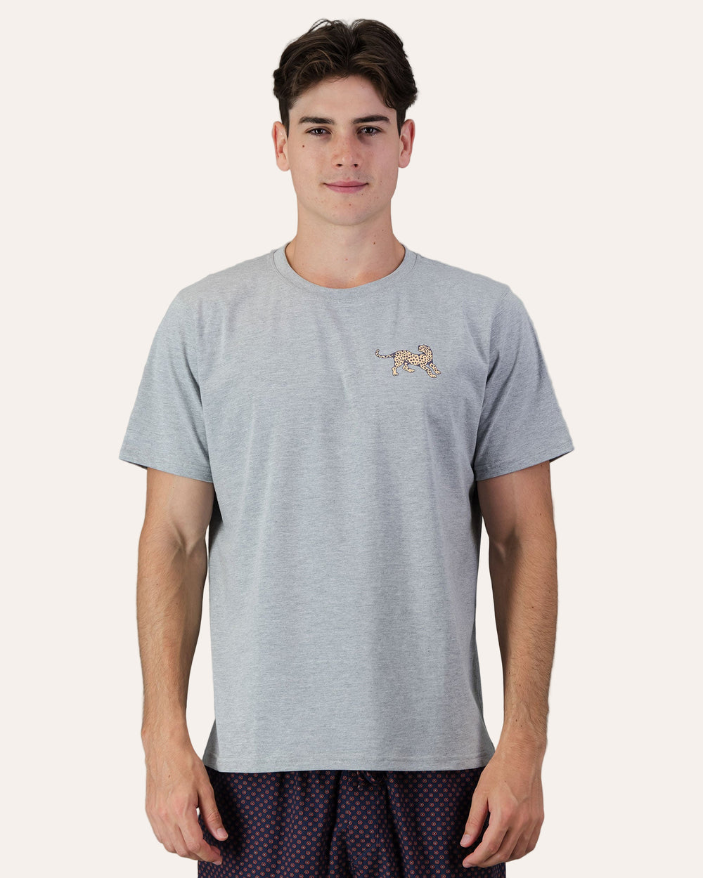 Mens T-Shirt - Yellow Leopard on Grey Melange Front - Woodstock Laundry