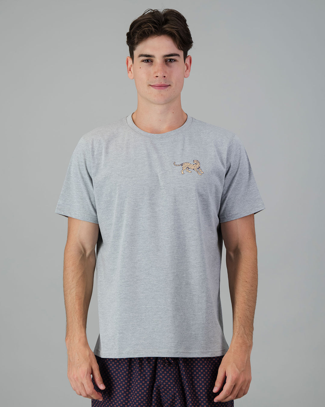 Mens T-Shirt - Yellow Leopard on Grey Melange Front - Woodstock Laundry