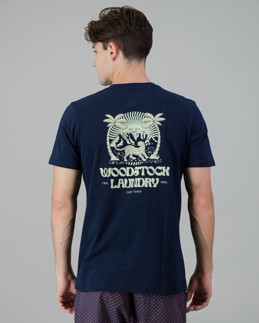 Mens T-Shirt - Turquoise Leopard on Navy Back - Woodstock Laundry