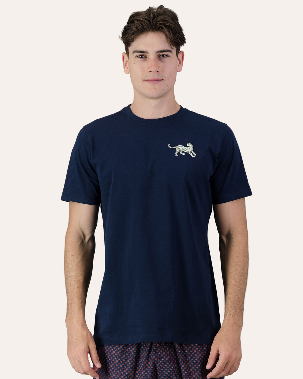 Mens T-Shirt - Turquoise Leopard on Navy Front - Woodstock Laundry