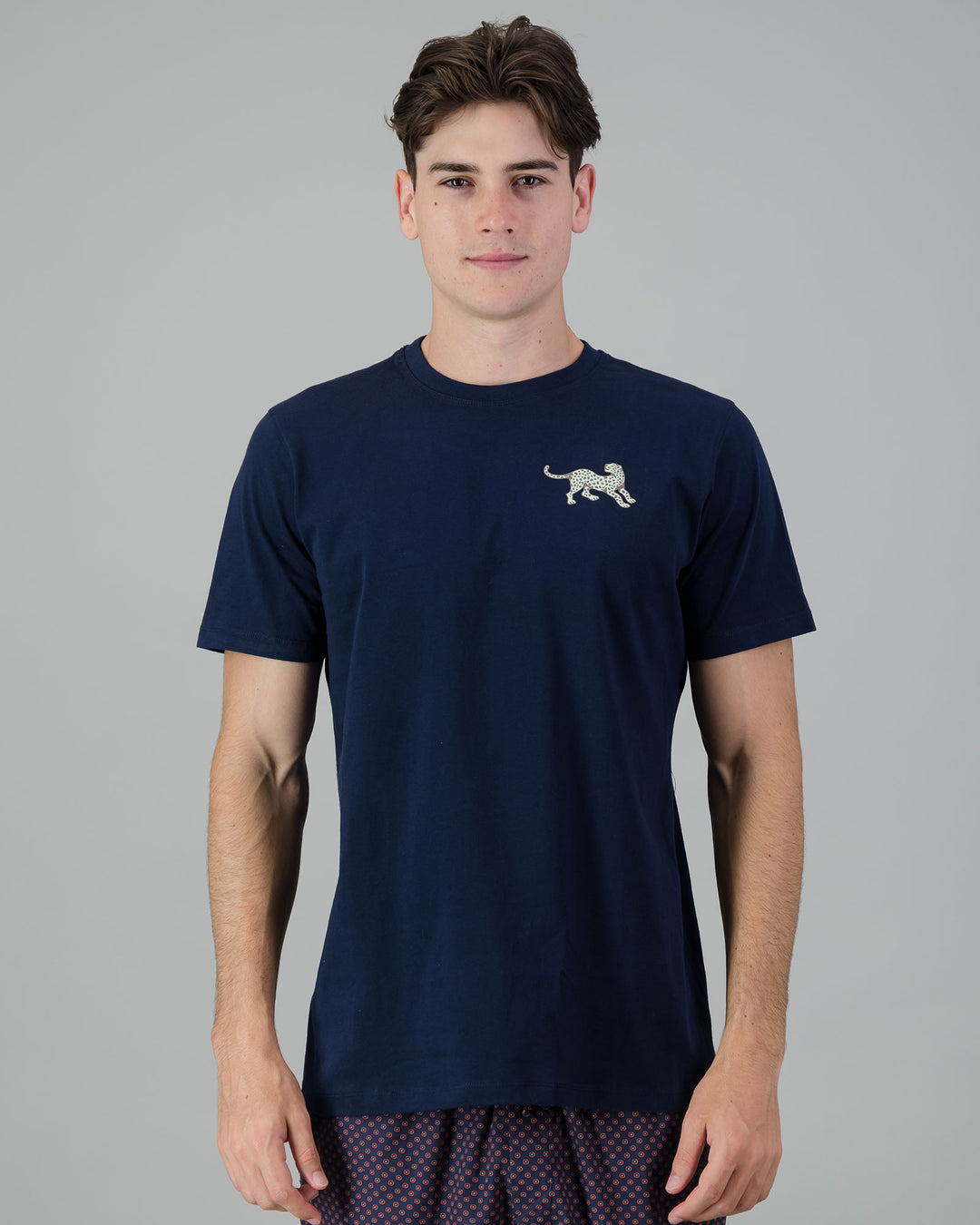 Mens T-Shirt - Turquoise Leopard on Navy Front - Woodstock Laundry