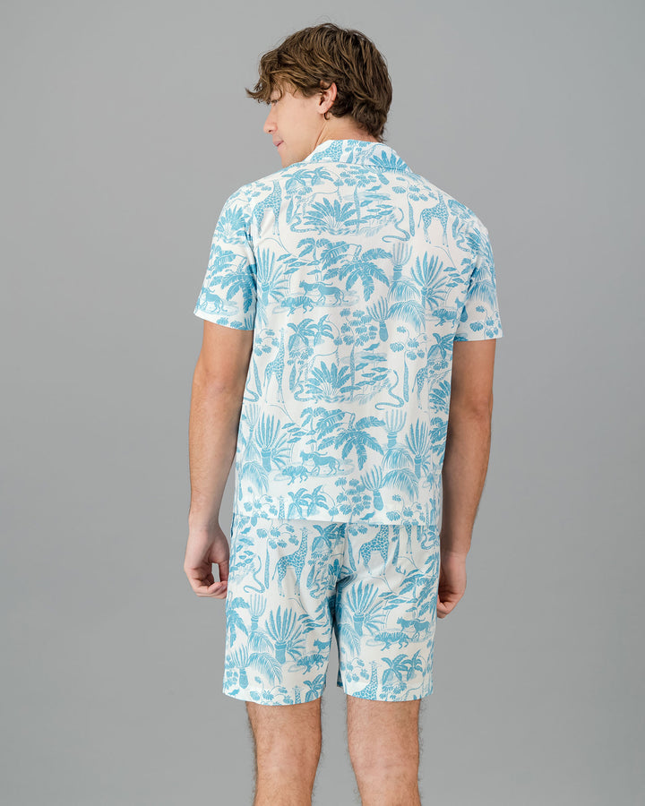Mens Short Pyjamas Blue Mono Safari on White Back - Woodstock Laundry