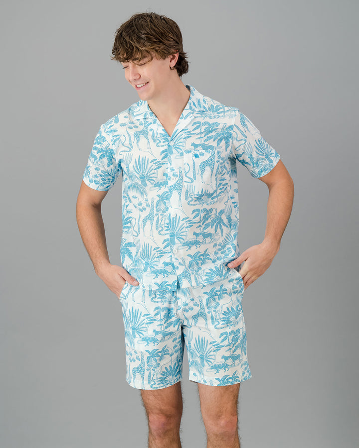 Mens Short Pyjamas Blue Mono Safari on White Front - Woodstock Laundry