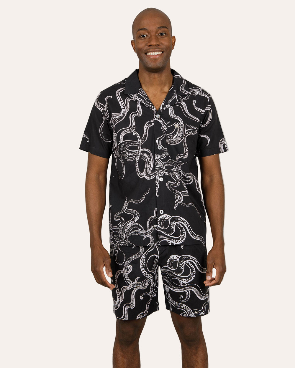 Mens Short Pyjamas White Octopus on Black Front - Woodstock Laundry