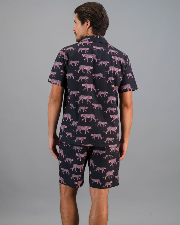 Mens Short Pyjamas Pink Cheetahs Charcoal Back - Woodstock Laundry
