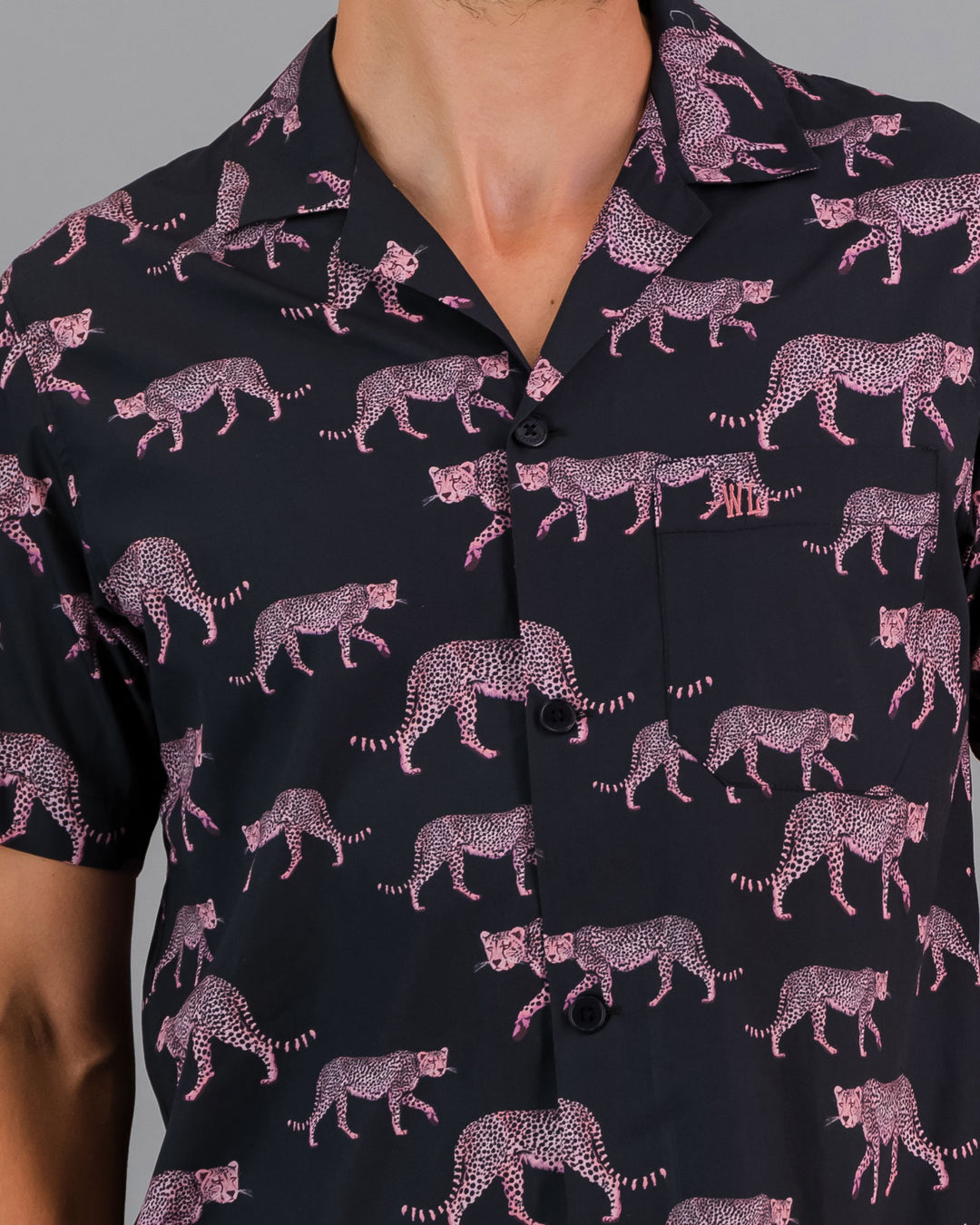 Mens Short Pyjamas Pink Cheetahs Charcoal Close - Woodstock Laundry