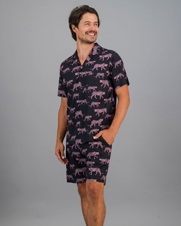 Mens Short Pyjamas Pink Cheetahs Charcoal Front - Woodstock Laundry