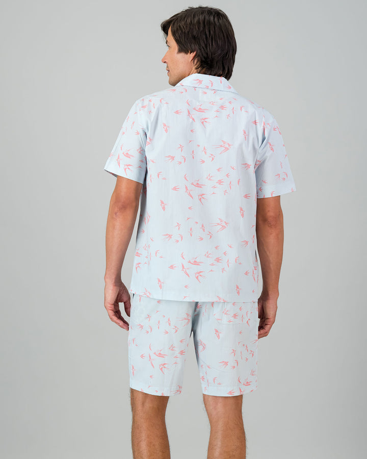 Mens Short Pyjamas - Pink Swallows Back - Woodstock Laundry