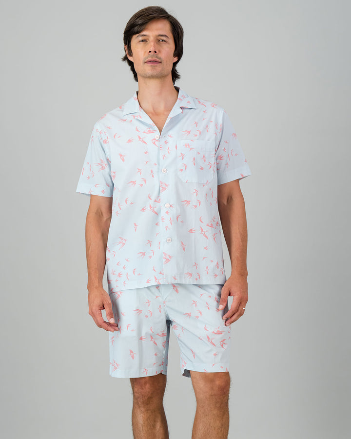 Mens Short Pyjamas - Pink Swallows Front - Woodstock Laundry