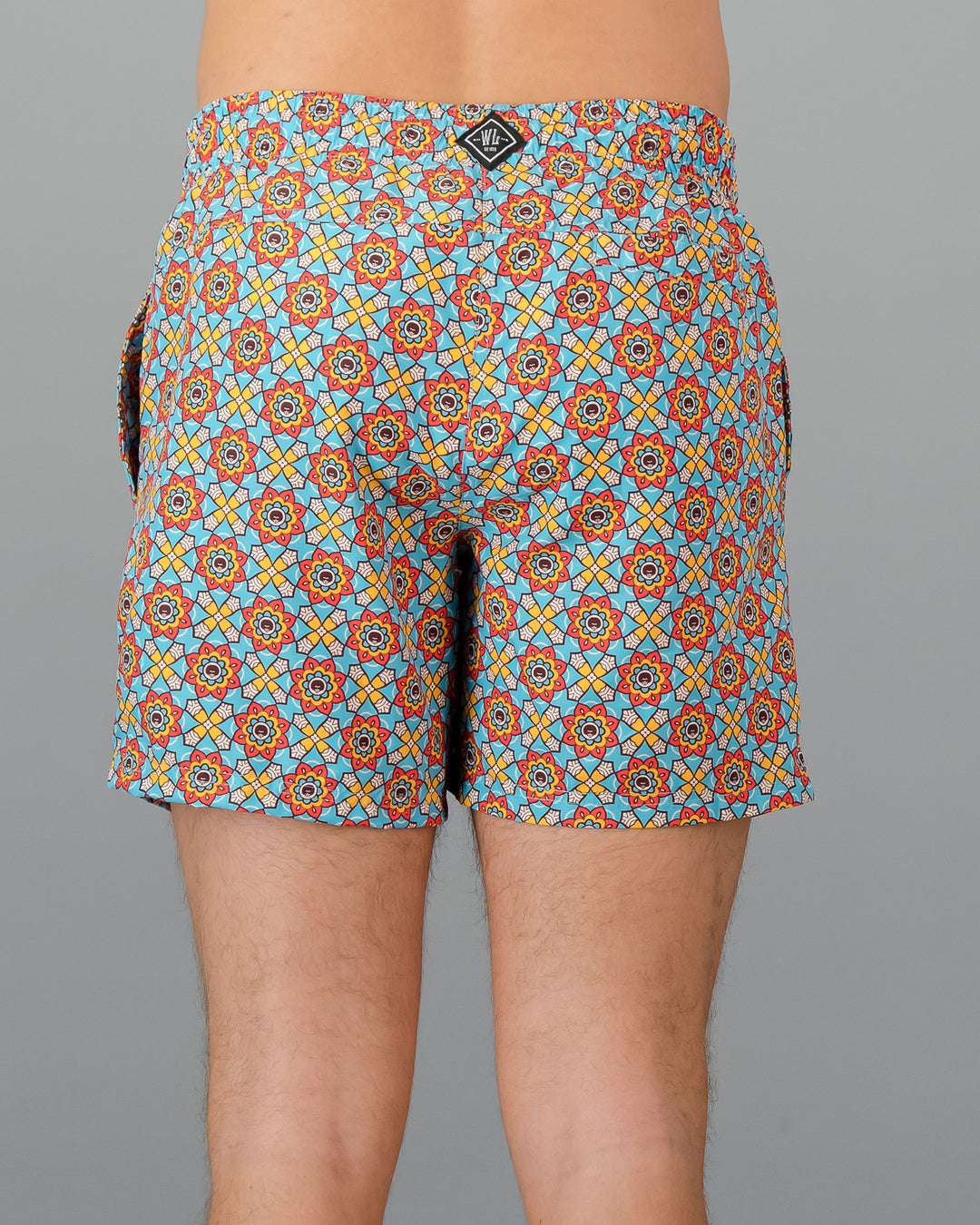 Mens Swim Shorts - Funky Disco on Turquoise Back - Woodstock Laundry
