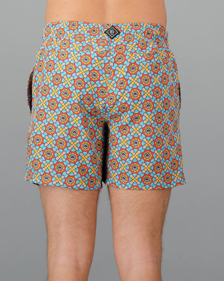Mens Swim Shorts - Funky Disco on Turquoise Back - Woodstock Laundry