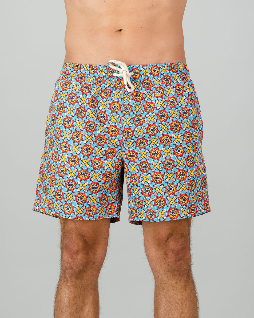 Mens Swim Shorts - Funky Disco on Turquoise Front - Woodstock Laundry