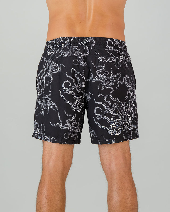 Mens Swim Shorts - White Octopus on Black Back - Woodstock Laundry