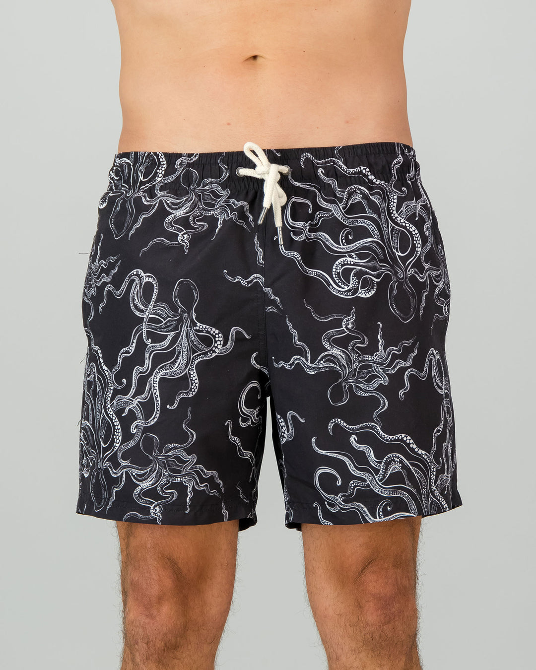 Mens Swim Shorts - White Octopus on Black Front - Woodstock Laundry