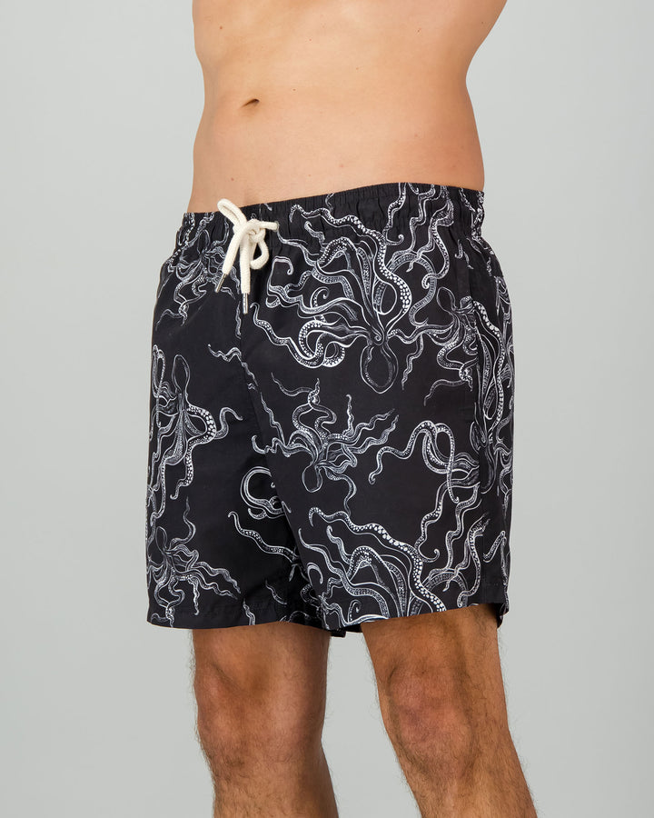 Mens Swim Shorts - White Octopus on Black Side - Woodstock Laundry