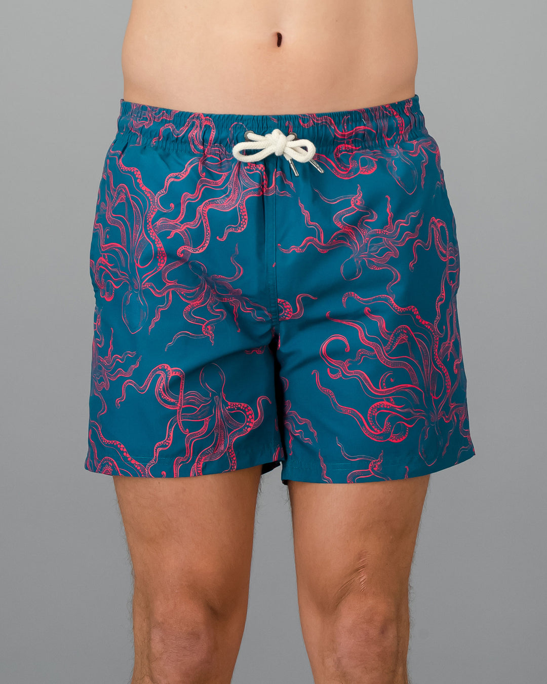 Mens Swim Shorts - Pink Octopus on Green Front - Woodstock Laundry